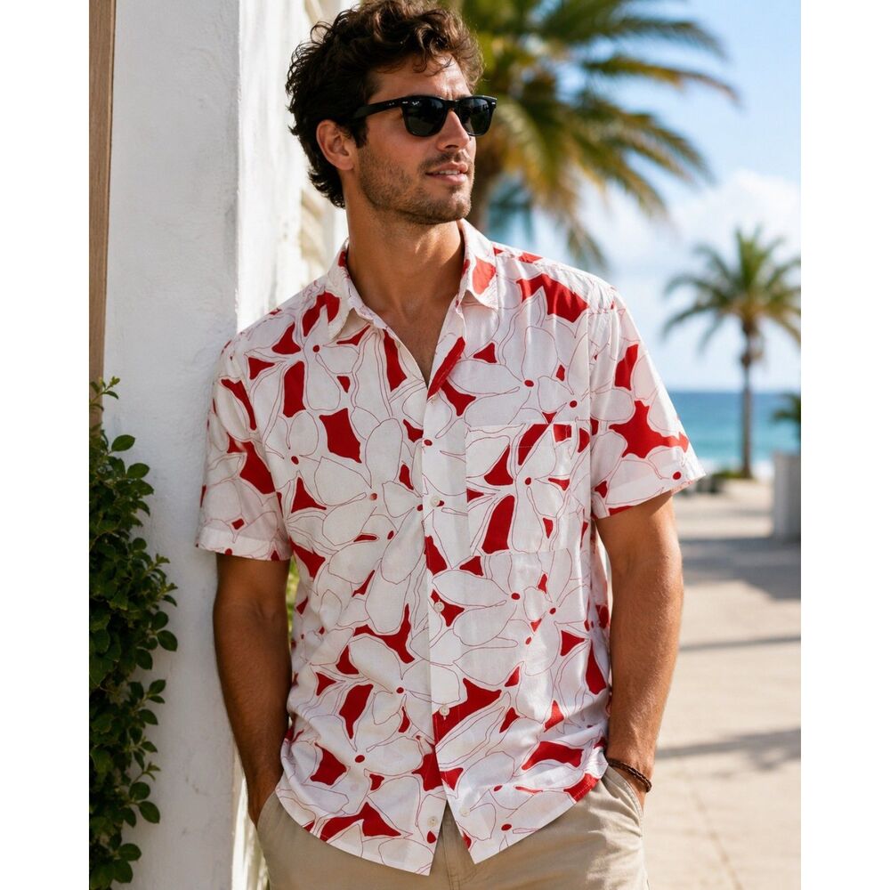 GAP Men's Floral Button Front Shirt Pink Red Stretch Cotton Size Large